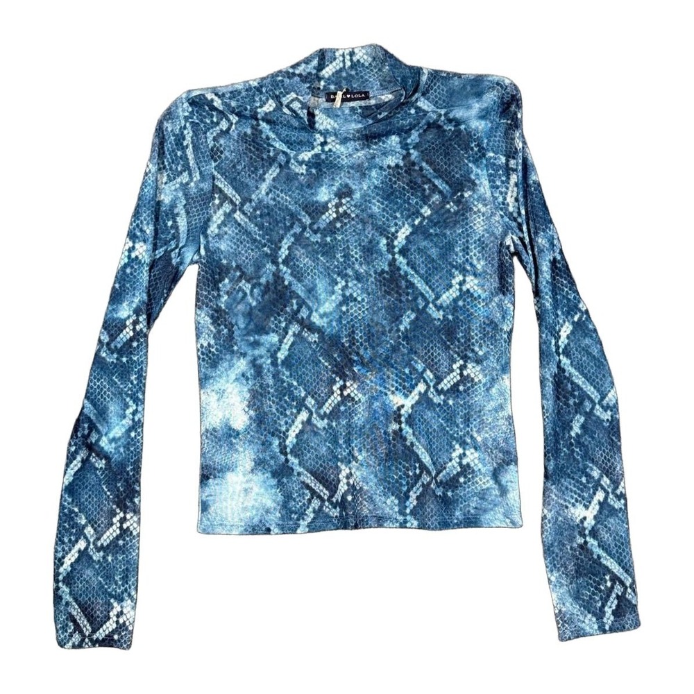 Basil Lola Womens Small Blue Snakeskin Print Sheer Mesh Mock Neck Y2K Top